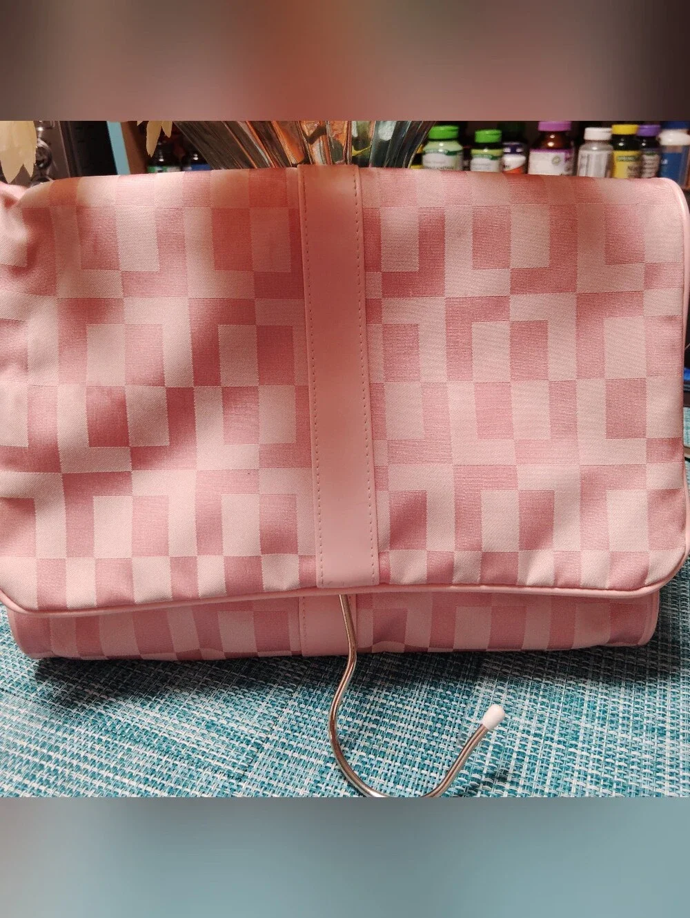PINK CHECKERED HANGING COSMETIC BAG - Travel Organizer